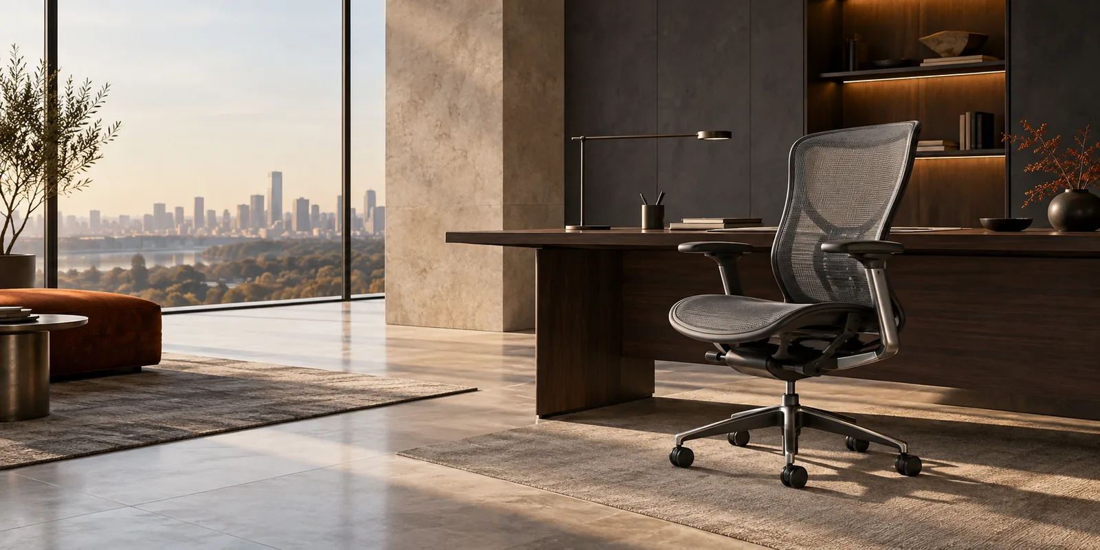 Premium ergonomic office chair in a contemporary executive workspace
